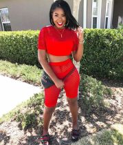 Sexy Grid Hollow 3pcs Crop Top+Underpants+Shorts Set MEM-8104