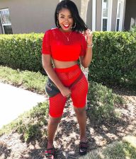Sexy Grid Hollow 3pcs Crop Top+Underpants+Shorts Set MEM-8104