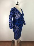 Plus Size V-neck Long Sleeve Dress OSM-4076