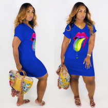 Plus Size Tongue Print V Neck Short Sleeve T Shirt Dress MTY-6193