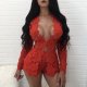 Sexy Lace Long Sleeve Two Piece Shorts Set TE-3179