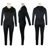 Solid Tracksuit Hooded Zipper 2 Piece Pants Set TE-3833