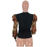 Leopard Patchwork Puff Sleeve Top LDS-3196