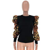 Leopard Patchwork Puff Sleeve Top LDS-3196