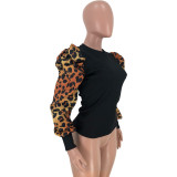 Leopard Patchwork Puff Sleeve Top LDS-3196