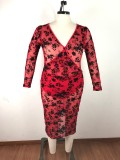Plus Size V-neck Long Sleeve Dress OSM-4076
