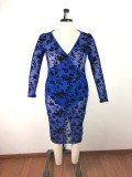 Plus Size V-neck Long Sleeve Dress OSM-4076