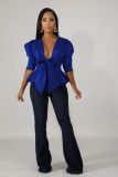 Solid Puff Sleeve Ruffles Bow Tie Peblum Blouse Top WY-6604