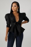 Solid Puff Sleeve Ruffles Bow Tie Peblum Blouse Top WY-6604-1