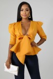 Solid Puff Sleeve Ruffles Bow Tie Peblum Blouse Top WY-6604-1