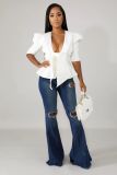 Solid Puff Sleeve Ruffles Bow Tie Peblum Blouse Top WY-6604-1