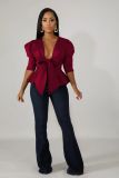 Solid Puff Sleeve Ruffles Bow Tie Peblum Blouse Top WY-6604