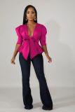 Solid Puff Sleeve Ruffles Bow Tie Peblum Blouse Top WY-6604