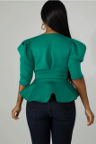 Solid Puff Sleeve Ruffles Bow Tie Peblum Blouse Top WY-6604-1