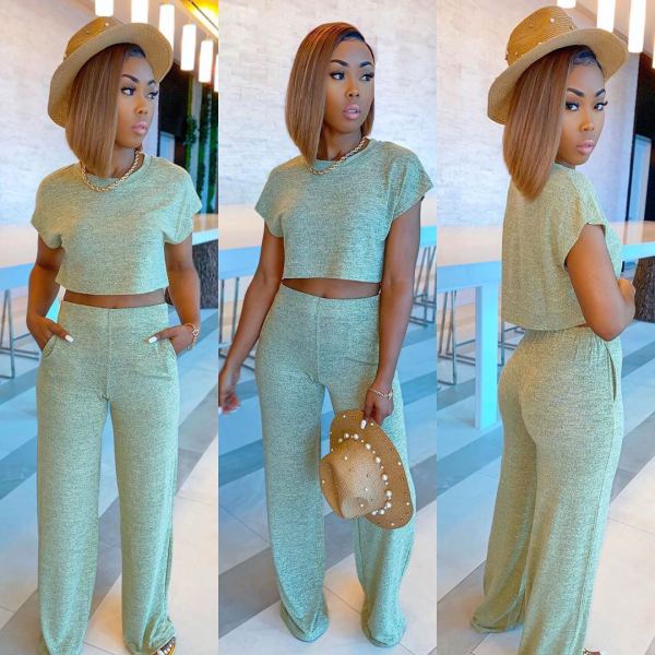 Casual Solid Short Sleeve 2 Piece Pants Set LSD-8678