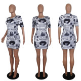 Newspaper Print Short Sleeves Mini Dress SHD-9153