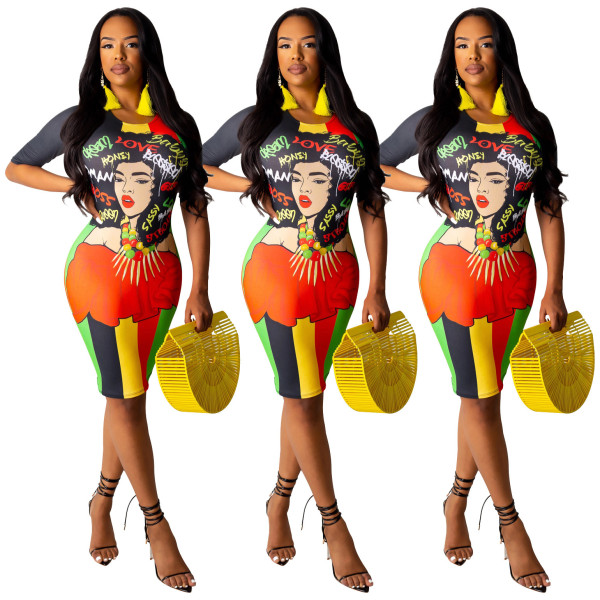 Character Print Short Sleeve Bodycon Dress SHD-9156