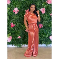 Plus Size Loose Striped Short Sleeve Jumpsuits CL-6042-1