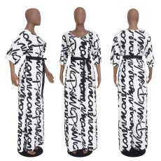 Letter Print Half Sleeve V Neck Sashes Maxi Dress SHD-9070