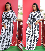 Letter Print Half Sleeve V Neck Sashes Maxi Dress SHD-9070