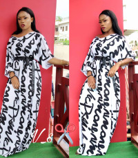 Letter Print Half Sleeve V Neck Sashes Maxi Dress SHD-9070