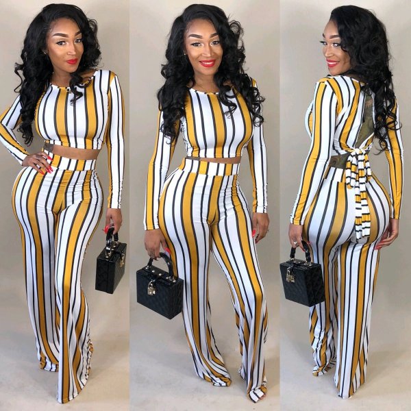 Sexy Striped Open Back Two Piece Pants Set SHD-9046