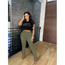 Solid Stacked Holes Split Leg Skinny Pants ASL-6256