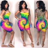 Plus Size Tie Dye Print Backless Cross Strap Rompers ASL-6257