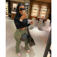 Solid Stacked Holes Split Leg Skinny Pants ASL-6256