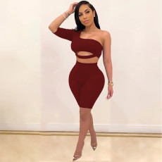 Solid One Shoulder Bodycon Two Piece Shorts Set MEI-9079