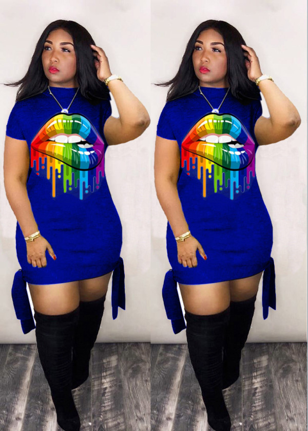 Plus Size Casual Lips Print Short Sleeve Mini Dress LM-8136