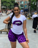Plus Size Leopard Print T Shirt And Shorts 2 Piece Sets QY-5130-2