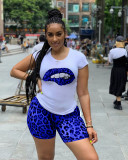 Plus Size Leopard Print T Shirt And Shorts 2 Piece Sets QY-5130-1