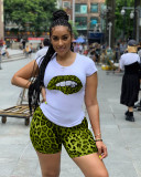 Plus Size Leopard Print T Shirt And Shorts 2 Piece Sets QY-5130-2