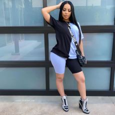 Contrast Color Short Sleeve Two Piece Sets WSM-5140