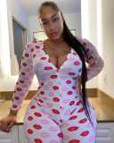 Plus Size Lip Print Long Sleeve One Piece Jumpsuits SHD-9225