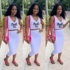 Pink Letter Print Tank Top And Skirt 2 Piece Sets SHD-9224