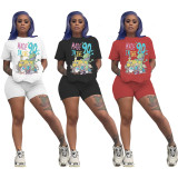 Casual Cartoon Print T Shirt Shorts 2 Piece Sets SHD-9229