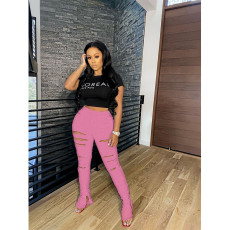 Solid Stacked Holes Split Leg Skinny Pants ASL-6256-1