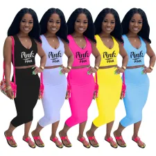 Pink Letter Print Tank Top And Skirt 2 Piece Sets SHD-9224