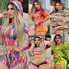 Casual Printed Hooded Two Piece Shorts Set SFY-116