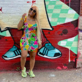 Plus Size Cartoon Print Sleevelees Mini Tank Dress FSL-081