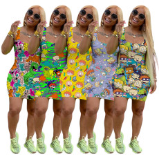 Plus Size Cartoon Print Sleevelees Mini Tank Dress FSL-081