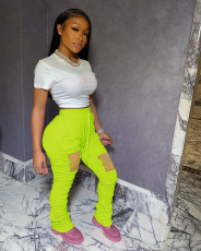 Plus Size Solid Stracked Hollow Out  Long Pants FSL-075