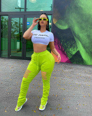 Plus Size Solid Stracked Hollow Out  Long Pants FSL-075