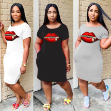 Lips Print Short Sleeve Round Neck T Shirt Dress YIM-8102