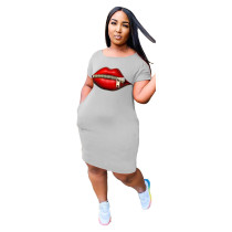 Lips Print Short Sleeve Round Neck T Shirt Dress YIM-8102