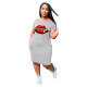 Lips Print Short Sleeve Round Neck T Shirt Dress YIM-8102