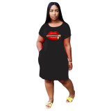 Lips Print Short Sleeve Round Neck T Shirt Dress YIM-8102