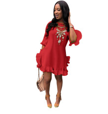 Plus Size Solid Half Sleeve Pleated Irregular Mini Dress FNN-8169